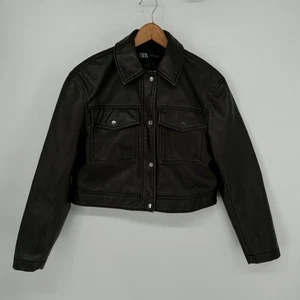 Zara Jacke Damen mittelbraun Kunstleder Cropped Druckknopfleiste - Bild 1 von 5