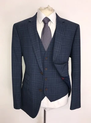 TED BAKER - Slim Fit 3 Piece BLUE Check WOOL SUIT - 42 Short -W34 L28 -WORN ONCE - Image 1 of 4