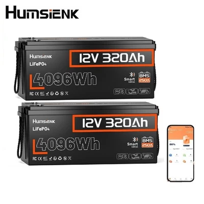 HUMSIENK 24V 320Ah LiFePO4 Lithium Battery 2Pack 12V 300Ah 15000+Cycle 250A BMS RV Solar