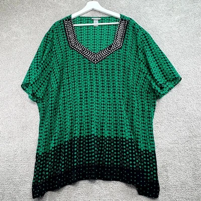 Catherines Tunic Top Womens 3X Green Black Geometric Beaded Sweetheart Neck - image 1 of 4