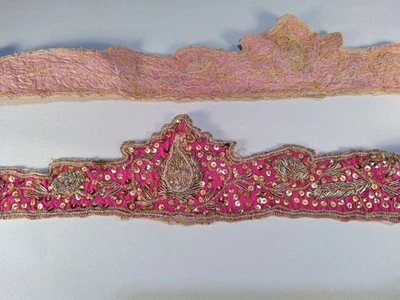 2 Yards Antique Art Deco Fushia And Gold Embroidered And Sequined Trim - Image 1 of 4