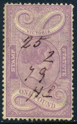 1882 年澳大利亚维多利亚州使用财政收入邮票 1 英镑,BF14B,淡紫色 — 第 1/4 张图片