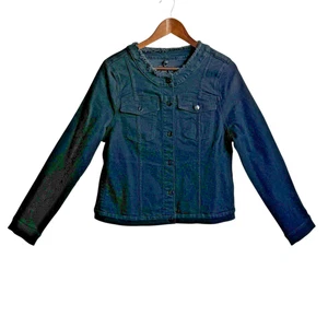 Jen7 Seven For All Mankind Jeansjacke blau Gr. L kragenlos distressed MH-1 - Bild 1 von 9