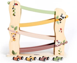 Pista Macchinine Legno, Piste Macchinine per Bambini Con 4 Macchinine in Legno,  - Foto 1 di 12