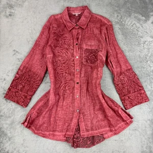 Camisa John Mark 100 % lino bordada caprichosa encaje hada abotonada M Cottagecore - Imagen 1 de 11
