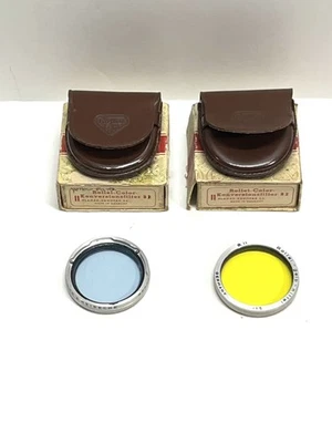 Vintage Rolleiflex Lense Filters x 2: -1.5 Yellow and B-2 Blue w/boxes, cases - Image 1 of 4