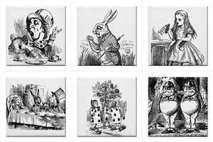 Alice In Wonderland Ceramic Tiles Set Of 6 Black White Backsplash Border Art - Picture 1 of 8