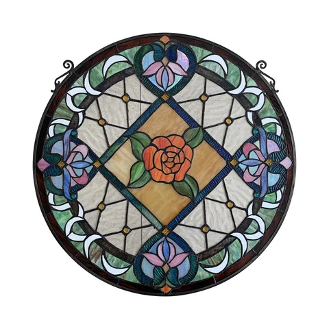 24x24 Victorian Rose Medallion Tiffany style stained glass window panel Cover