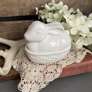 Vtg Bunny Candy Dish Japan Rabbit Ceramic Glaze Easter Egg Trinket White Lid - Picture 1 of 6