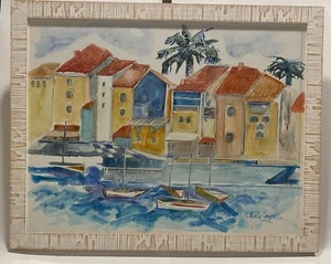 Riviera Waterfront Painting Signed Chi Capelle - Picture 1 of 9