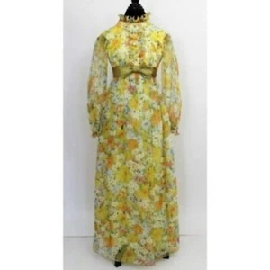 Vintage Yellow Floral Print Dress Tuxedo 3D Ruffle - Picture 1 of 7