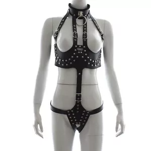 Set reggiseno ecopelle con cinturino Dungeon fetish night club wear colletto corsetto mutandino - Foto 1 di 10