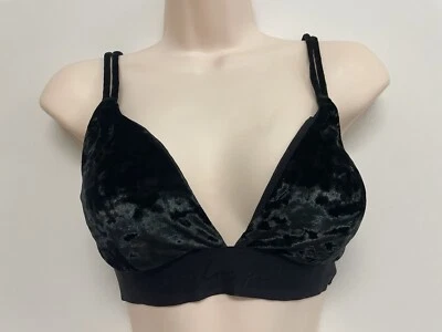 Pink  Victoria's Secret Black Crushed Velvet Bralette Strappy Plunge SZ XL - Image 1 of 3