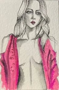Original ACEO von Viviana Scala. Strickjacke Heidy in sexy rosa - Bild 1 von 3