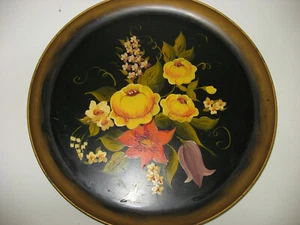 Vintage Hand Painted Round Metal Tray 12" Diameter Wall Decor Floral/Black - Picture 1 of 5