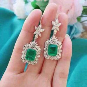 4.00Ct Emerald Cut Simulate Emerald Drop & Dangle Earrings 14K White Gold Plated - Picture 1 of 4