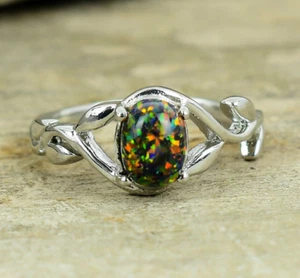 Black Fire Opal Ring 925 Sterling Silver Ring Leaf Ring Birthday Gift Women Ring - Picture 1 of 3
