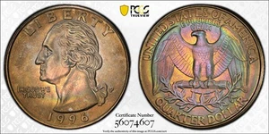 MS67 1996 - P 25C Washington Quarter, PCGS Trueview - VIVID Rainbow Toned - Bild 1 von 6