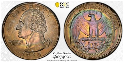 MS67 1996-P 25C Washington Quarter, PCGS Trueview- VIVID Rainbow Toned - Image 1 of 4
