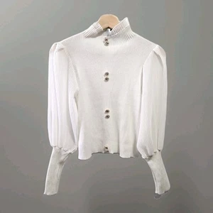 Women Ruffle Mock Neck Puff Sleeve Knit Sweater Top Blouse Lightweight Office - Picture 1 of 7