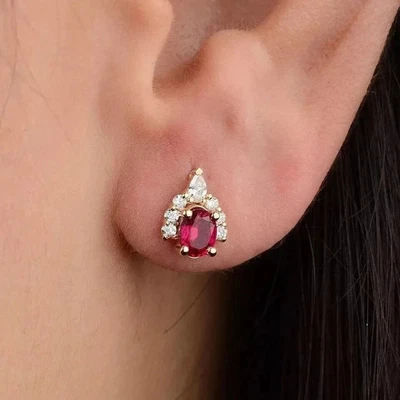 14k Yellow Gold Plated 3Ct Oval Cut Lab Created Red Ruby Fancy Stud Earring - Image 1 of 4
