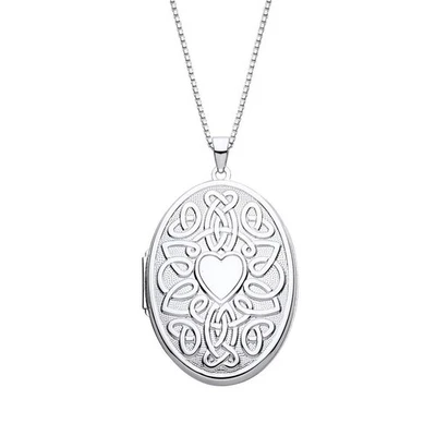 Sterling Silver Celtic Heart Engraved Large Oval Photo Locket Pendant Necklace - Image 1 of 4