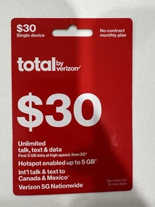 Total by Verizon $30 Unlimited Talk Text and Data 5gb Hotspot - New Phone Card - Picture 1 of 1