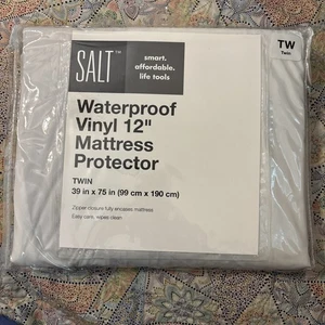 SALT Vinyl Waterproof 12" Clear Zippered Twin Mattress Protector/Cover White New - Picture 1 of 6