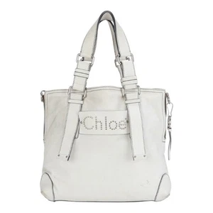 Chloe Patsy Studs Logo Leather Tote Bag Shoulder Hand White Genuine A4 Women's - Picture 1 of 15