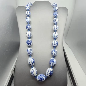 VTG Chinese Export Blue & White Porcelain Bead Necklace 26" Handtied Silk String - Picture 1 of 13