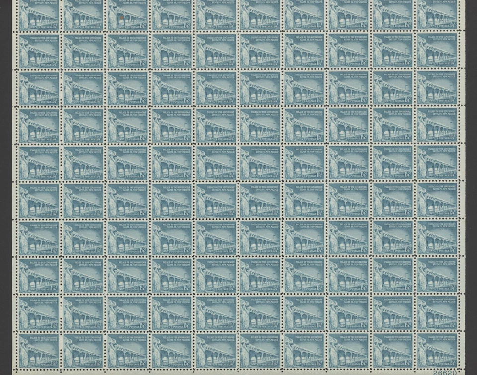 1960 US Scott #1031a  1 1/4c Palace of the Governors,, Sheet of 100 MNH, Bends - Image 1 of 1