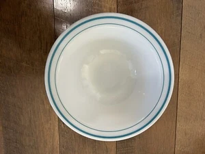 Vintage Pyrex Corning Milk Glass Serving Bowl Teal Stripe Rim Restaurant Style - Picture 1 of 3