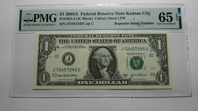 $1 2003A Repeater Serial Number Federal Reserve Currency Bank Note Bill UNC65EPQ - Image 1 of 3