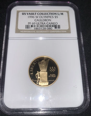 1996 W Olympics $5 Cauldron NGC PF 69 Ultra Cameo Vault Collection L/M Cover