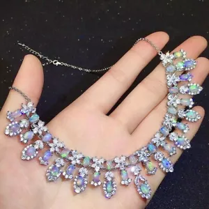 Collana opale naturale pavè bianco diamanti alto tenore di carbonio argento 925 e certificato - Foto 1 di 15