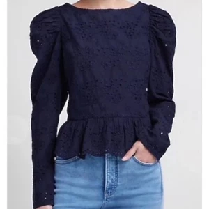 Express Navy Eyelet Embroidered Ballon Sleeve Blouse Top Peplum Cotton Sz L - Picture 1 of 10