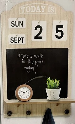 Chalkboard Calendar Wall Decor Display Shelf W/4 Hooks LARGE Wall-Mounted Wood - Image 1 of 4
