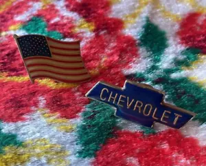 Vintage Pair Chevrolet Logo Advertisement USA American Flag Enamel Lapel Pin - Picture 1 of 2