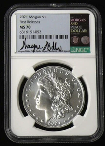 2021 MS-70 FIRST RELEASE WAYNE MILLER SIGNED LABEL MORGAN SILVER DOLLAR - Bild 1 von 2