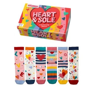 United Oddsocks Corazón y Suela Caja De 6 Coloridos Calcetines De Algodón Para Mujer Reino Unido 4-8 - Imagen 1 de 1