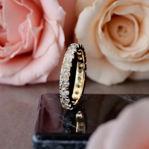 14K Yellow Gold Plated 2Ct Round Lab Created Diamond Women's Wedding Band Ring - Picture 1 of 4