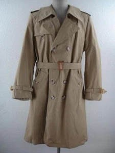 Men's M 42R Vtg 1960's Khaki Made In Poland Long Trench Coat Plaid Check Lining - Picture 1 of 24
