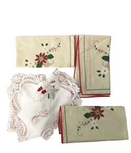 Weihnachten Leinen Tischset Tisch Serviette Stechpalme Weihnachtsstern Vintage 6 Stück - Bild 1 von 16