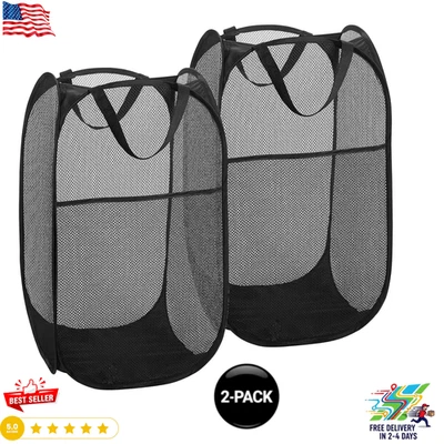 2 Pack Popup Laundry Hamper Foldable Mesh Basket with Handles for Home Dorm - Image 1 of 4