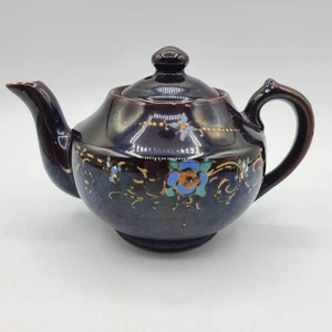 Brown Betty Teapot Hand Painted Red Ware Made in Japan Moriage Floral Blue VTG - Picture 1 of 15