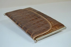 Vintage Genuine Crocodile Leather Clutch Purse 1940s Brown Exotic Skin Frame Bag - Picture 1 of 12