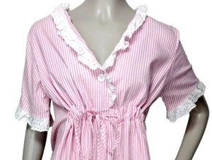 Vintage 50s Carol Brent Pink Candy Stripe Lace Belted Nightgown Robe House Dress - Picture 1 of 11