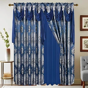 Klassisches Jacquard Fenster Gardine Set, 2 Paneele mit angenähtem Volant + transparentes B... - Bild 1 von 7
