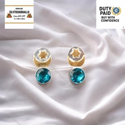 喉轮圆形磷灰石宝石 925 纯银时尚姐妹耳环 — 第 1/4 张图片