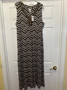 Chico’s Maxi Dress Sz 3  XL Embellished Chevron Gia Brown White Resort NWT - Picture 1 of 6